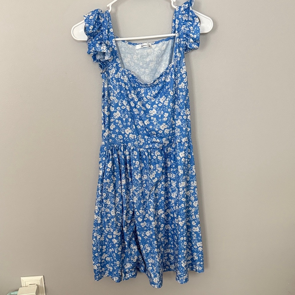 Blue Floral Ruffle-Sleeve Summer Dress